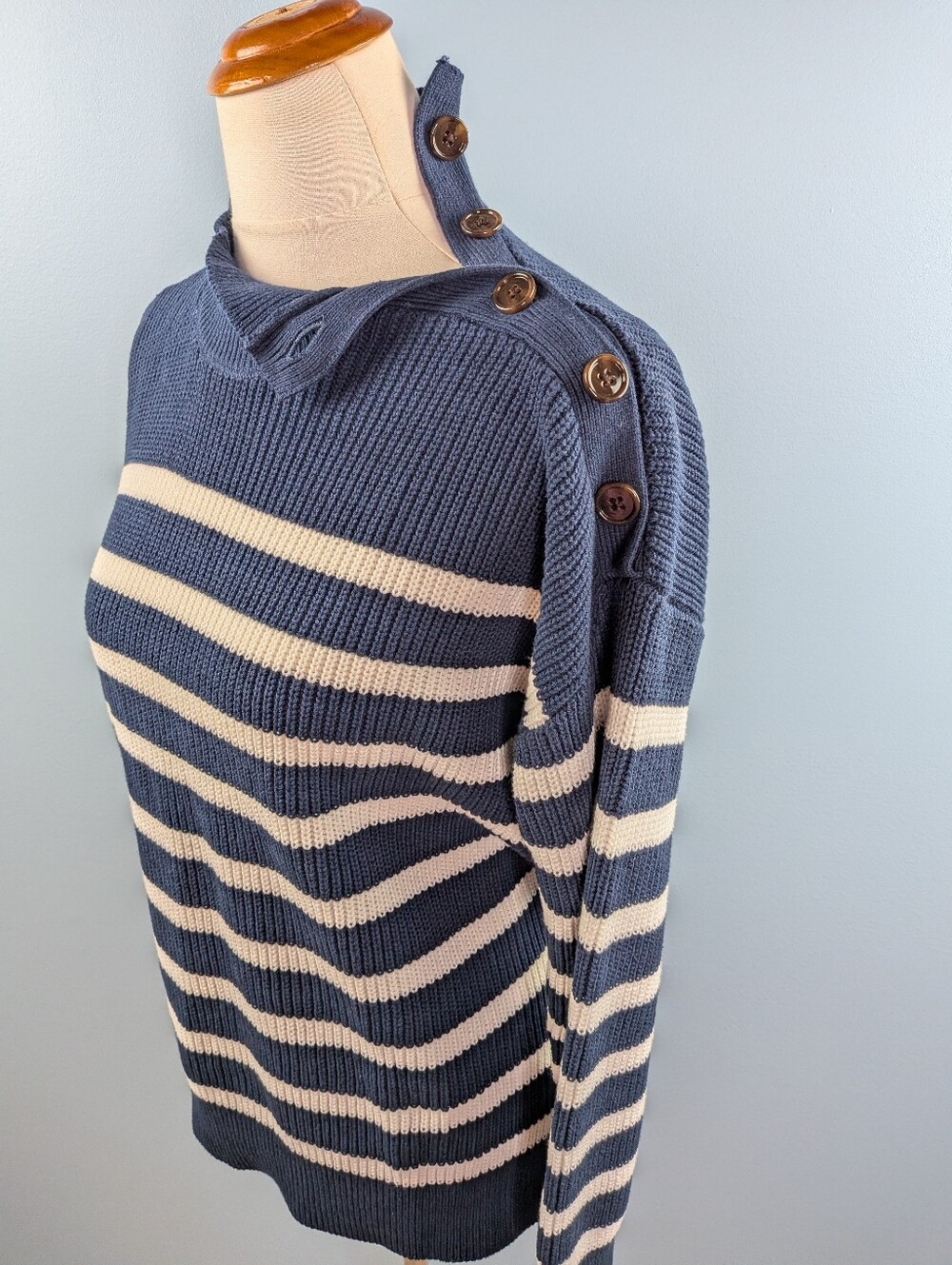 LOFT Navy Ivory Striped Shoulder Button Sweater Size Large